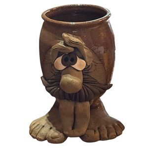 Vintage Pottery Ugly Face Mug Bearded Man Folk Art 3D Brown Ceramic Character 6”